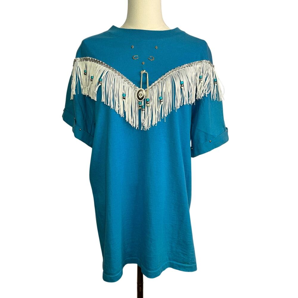Hazelwood Vintage Blue Fringe T-Shirt 1980s cowboy rodeo blouse